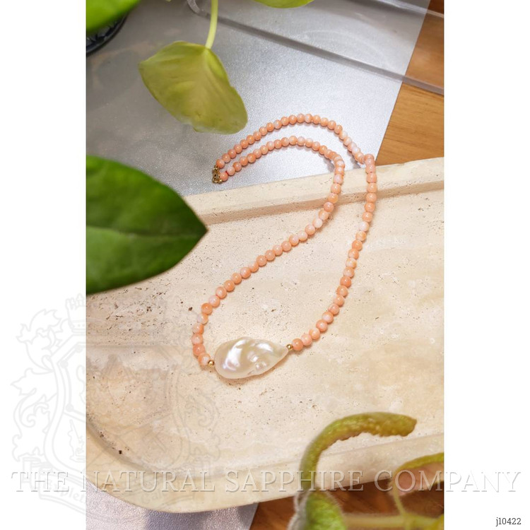 33.72 Ct. Pearl Coral Multi Stone Necklace, 18K Yellow Gold