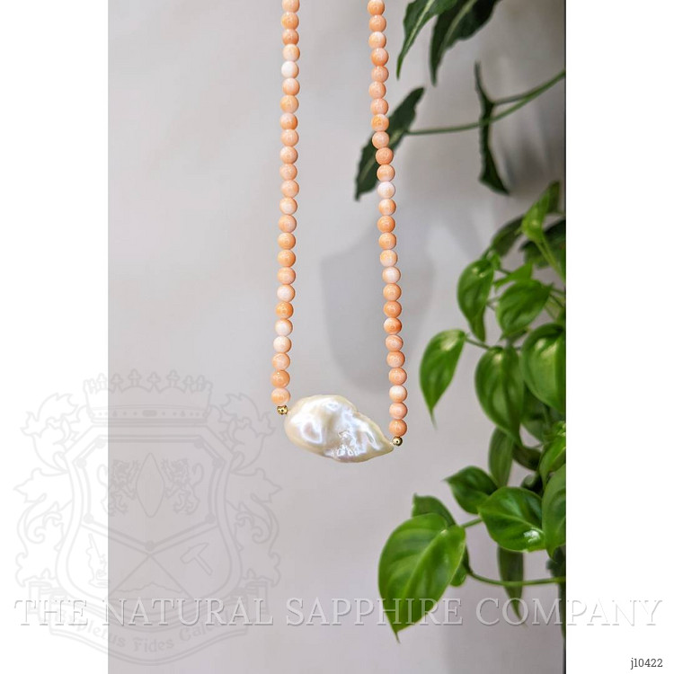 33.72 Ct. Pearl Coral Multi Stone Necklace, 18K Yellow Gold