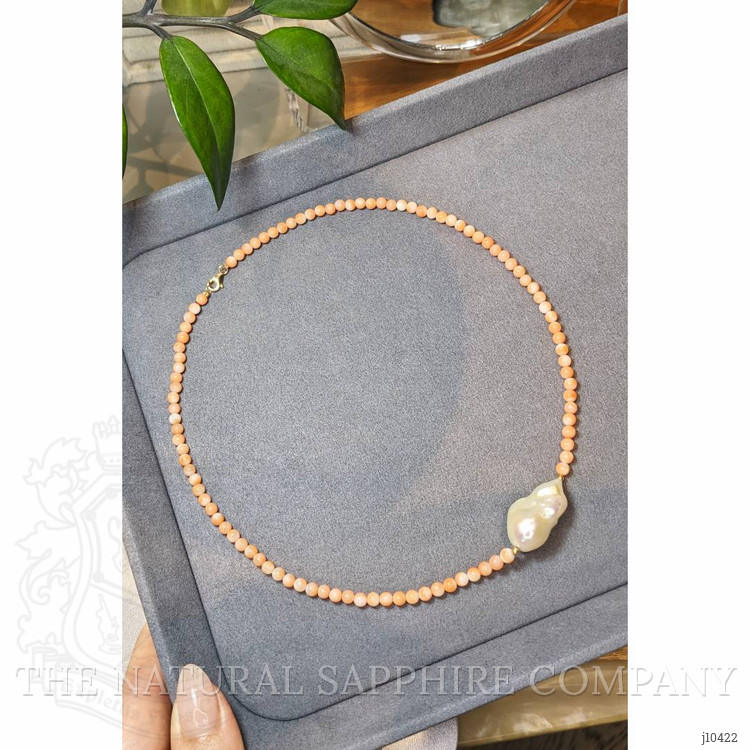 33.72 Ct. Pearl Coral Multi Stone Necklace, 18K Yellow Gold