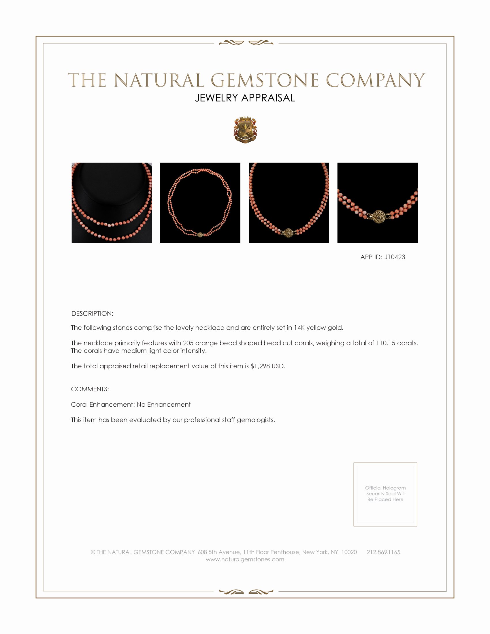 110.15 Ct. Coral Multi Stone Necklace, 14K Yellow Gold