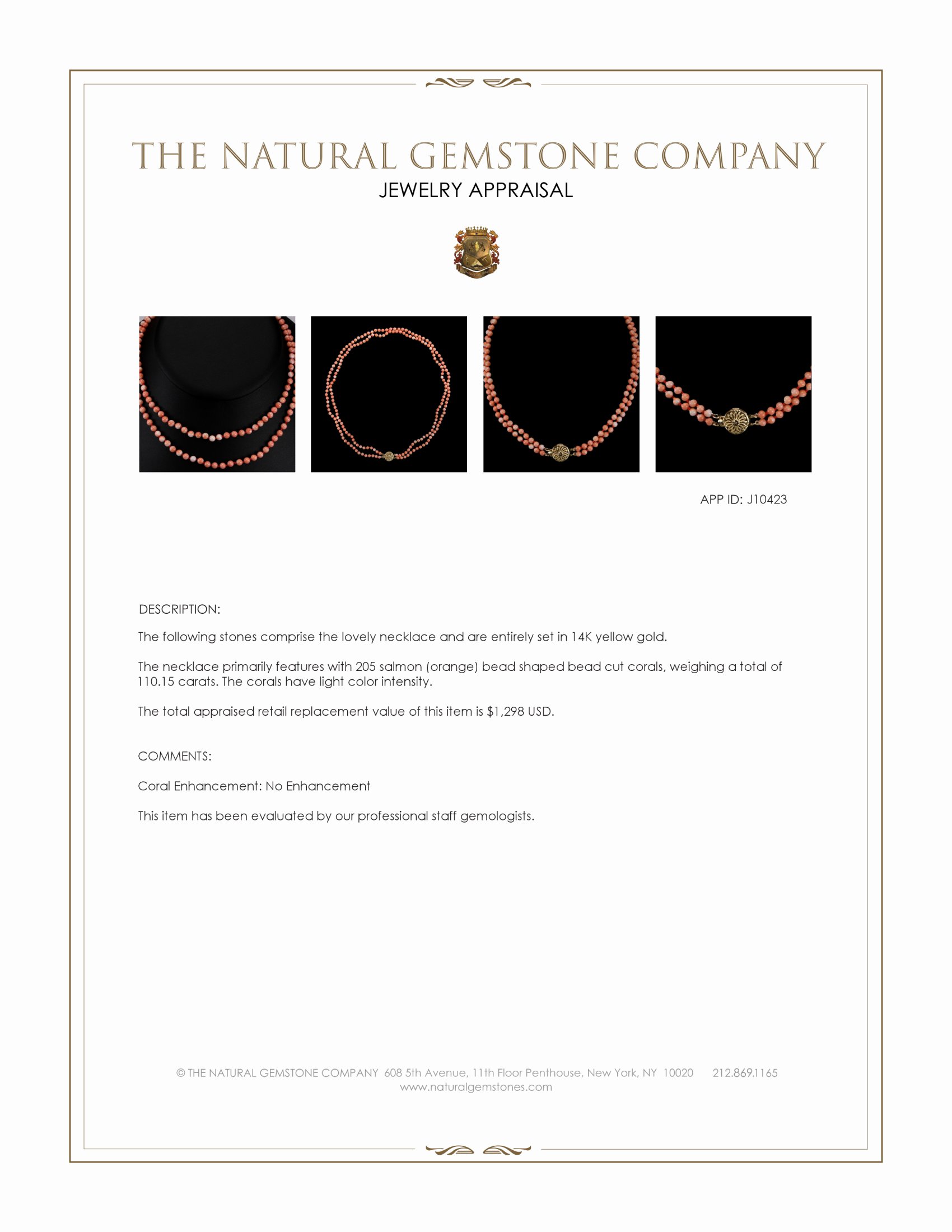 110.15 Ct. Salmon (Orange) Coral Multi Stone Necklace, 14K Yellow Gold