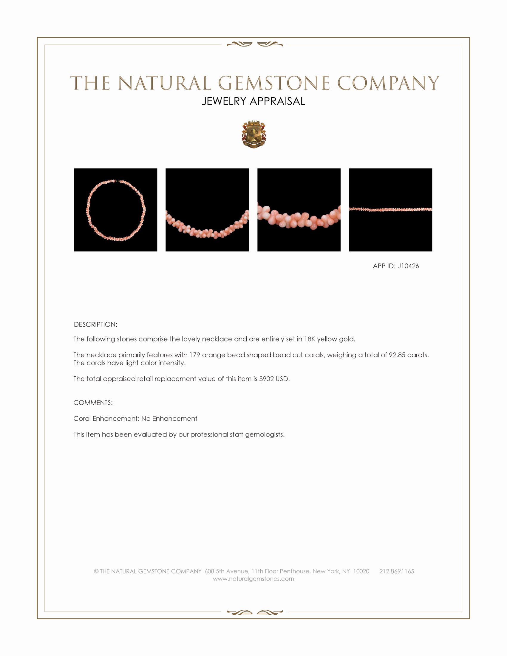 92.85 Ct. Orange Coral Multi Stone Necklace, 18K Yellow Gold