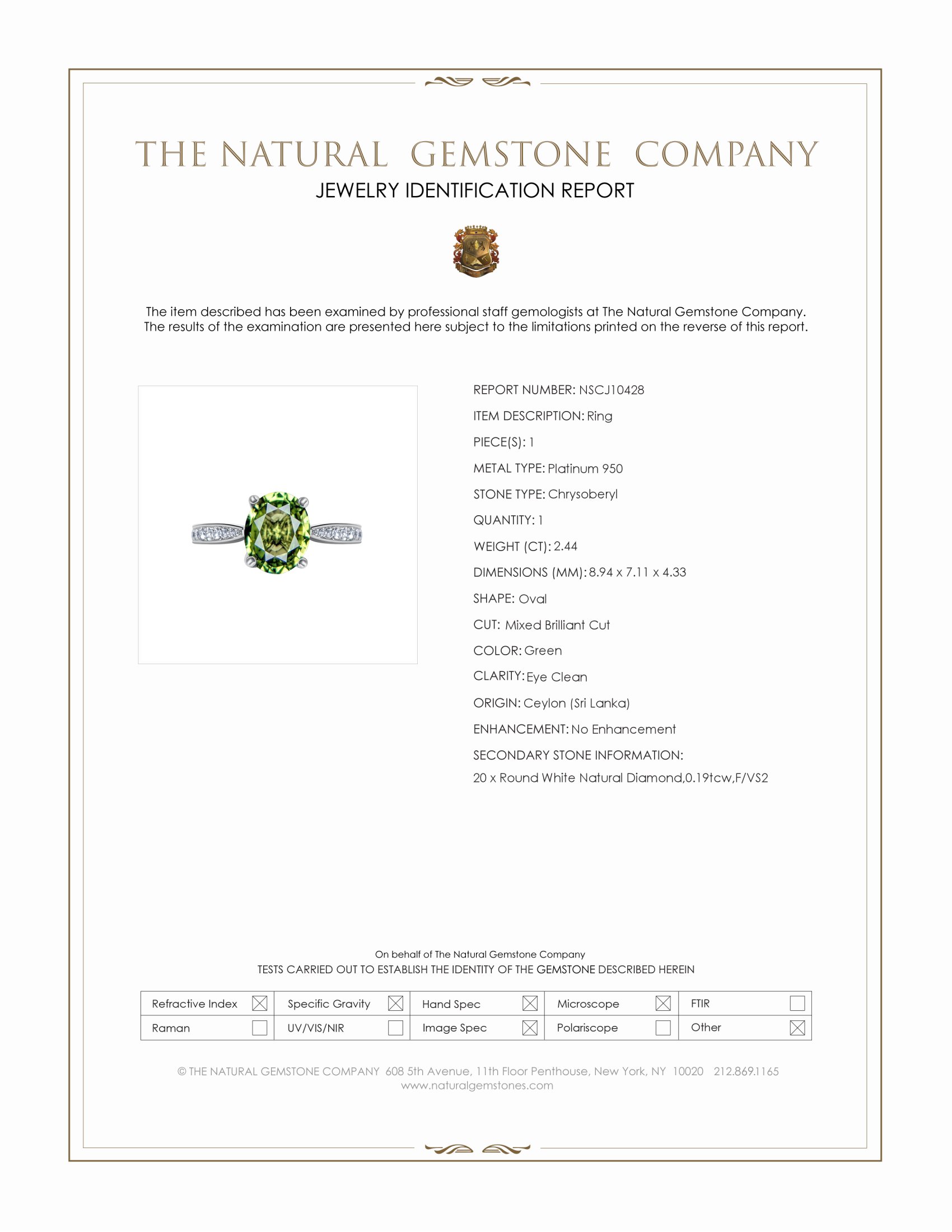 2.44 Ct. Green Chrysoberyl and Natural Diamond Pave Ring, Platinum 950
