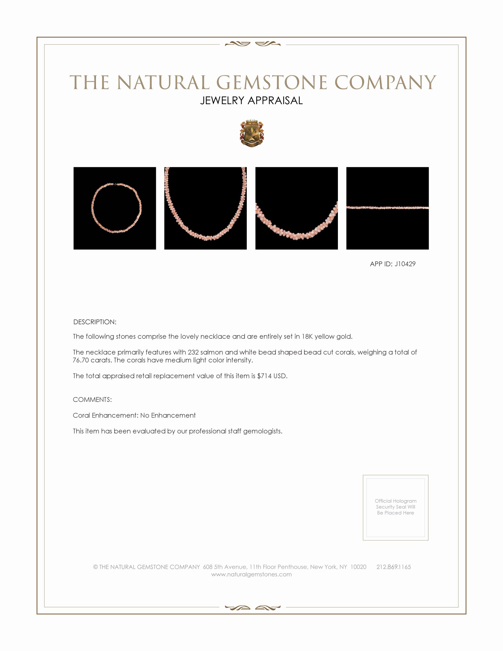 76.70 Ct. Coral Multi Stone Necklace, 18K Yellow Gold