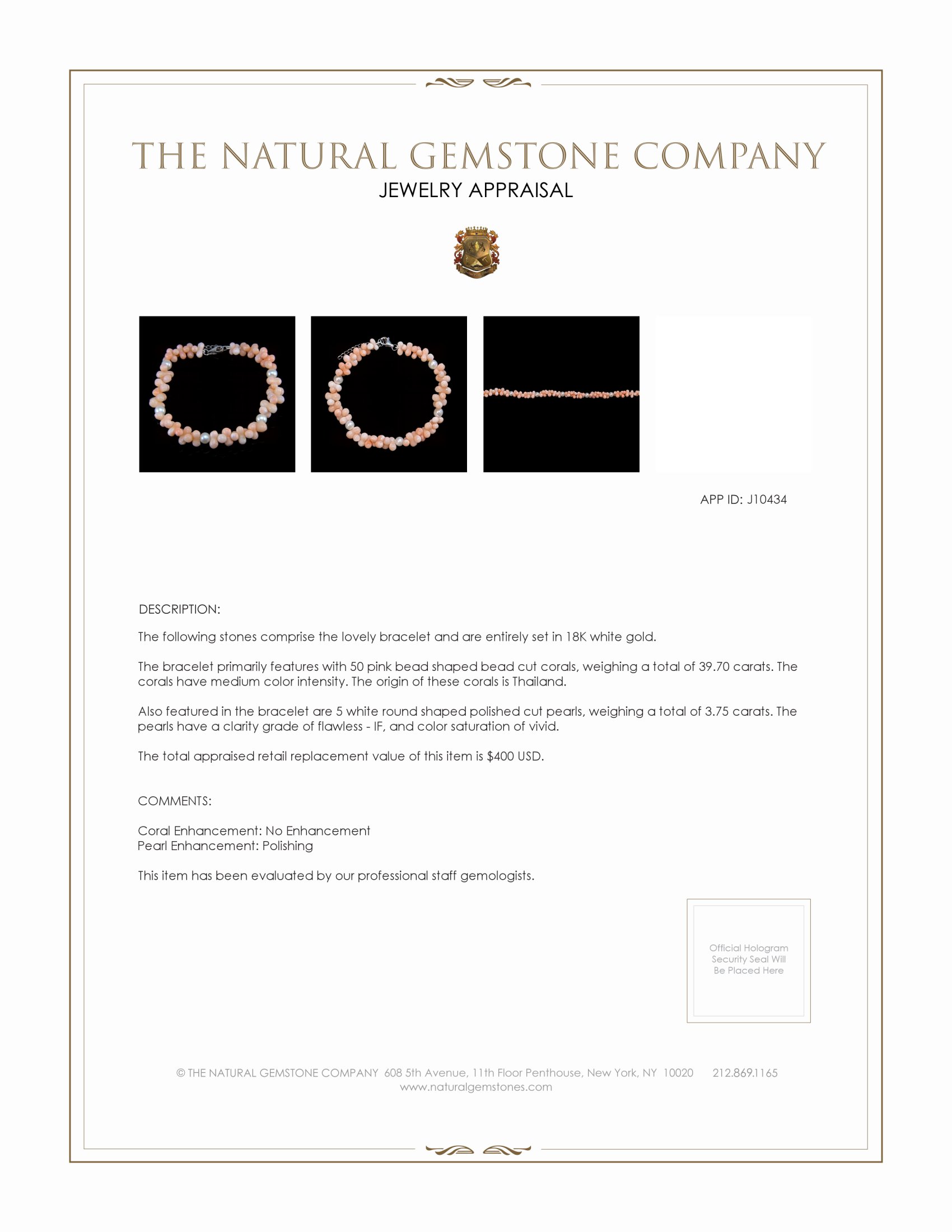 39.70 Ct.Tw. Pink Coral and White Freshwater Pearl Tennis/Line Bracelet, 18K White Gold