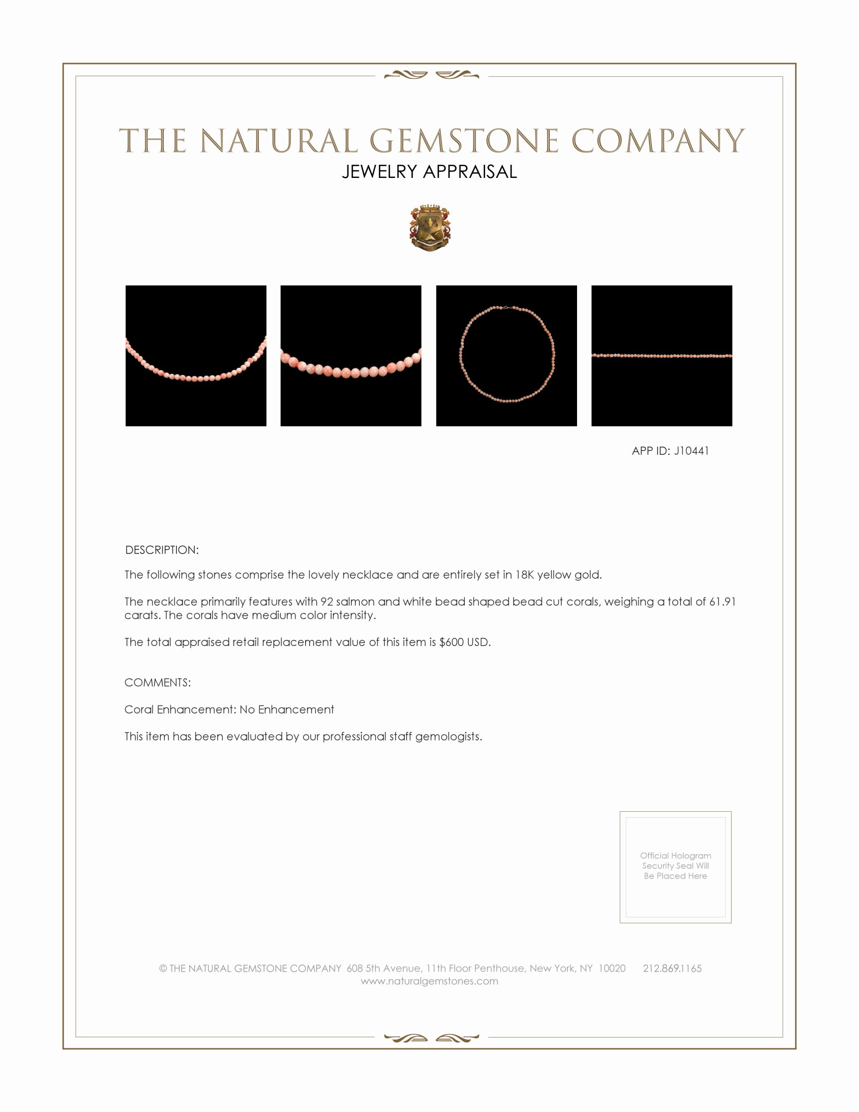 61.91 Ct. Coral Multi Stone Necklace, 18K Yellow Gold