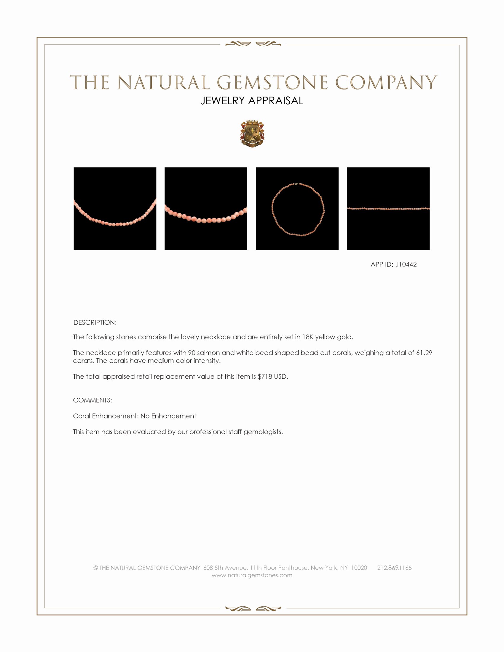 61.29 Ct. Salmon and White Coral Multi Stone Necklace, 18K Yellow Gold