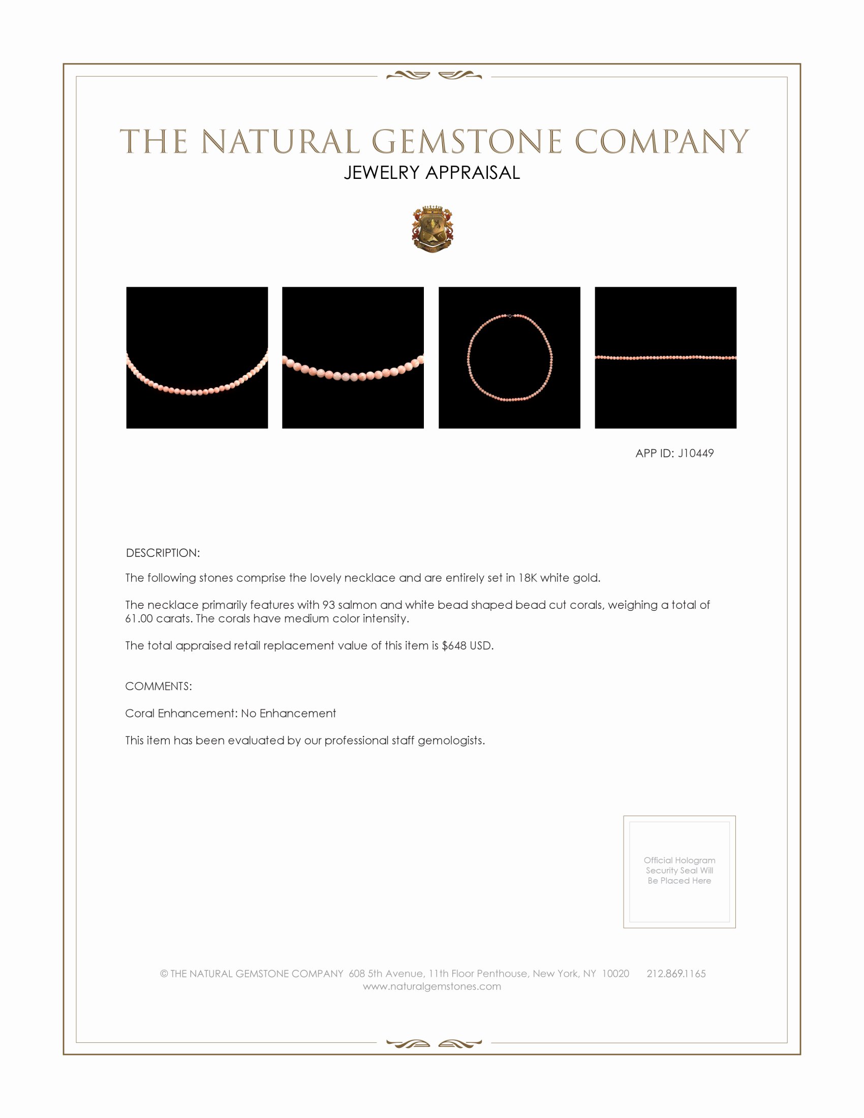 61.00 Ct. Coral Multi Stone Necklace, 18K White Gold