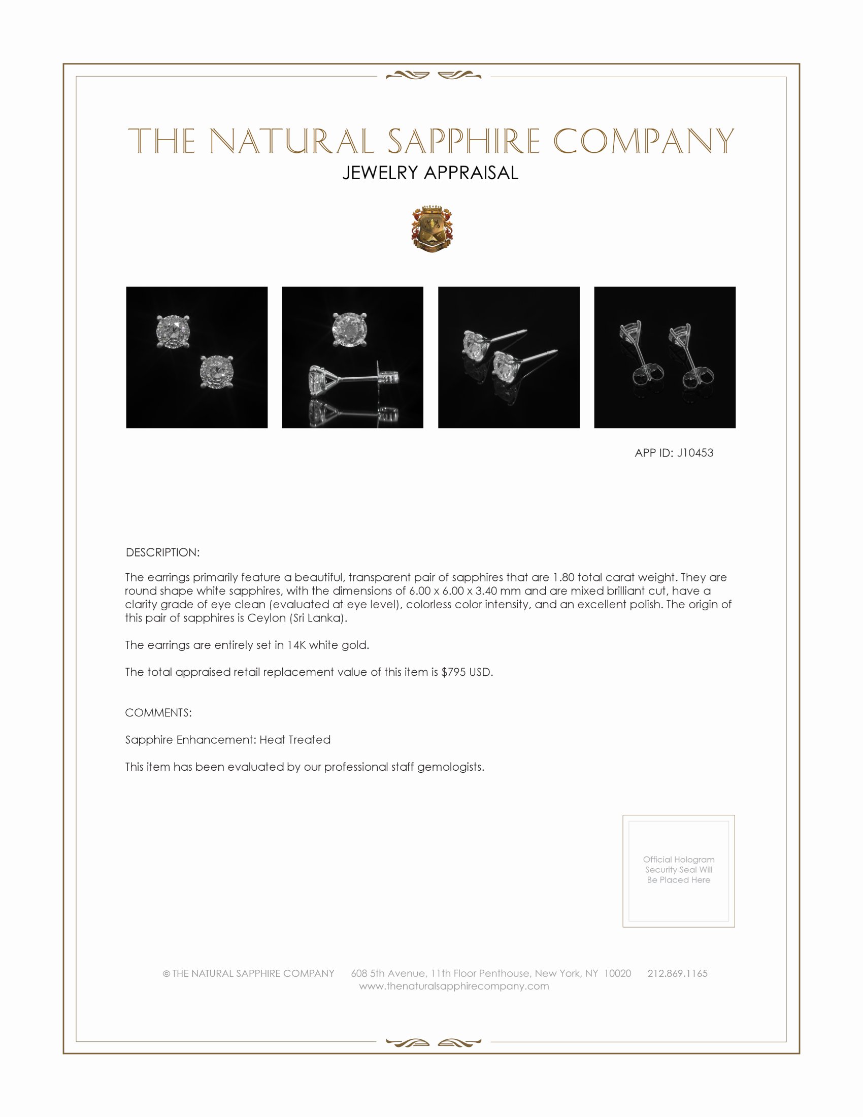 1.80 Ct.Tw. White Sapphire Studs Earrings, 14K White Gold