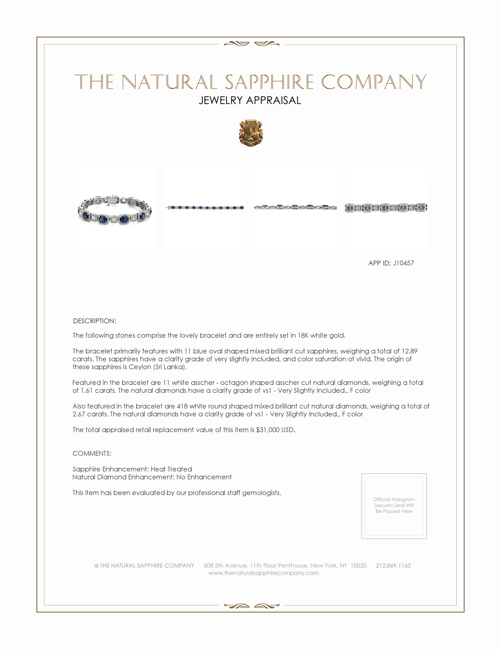 12.89 Ct.Tw. Blue Sapphire and Natural Diamond Pave Bracelet, 18K White Gold