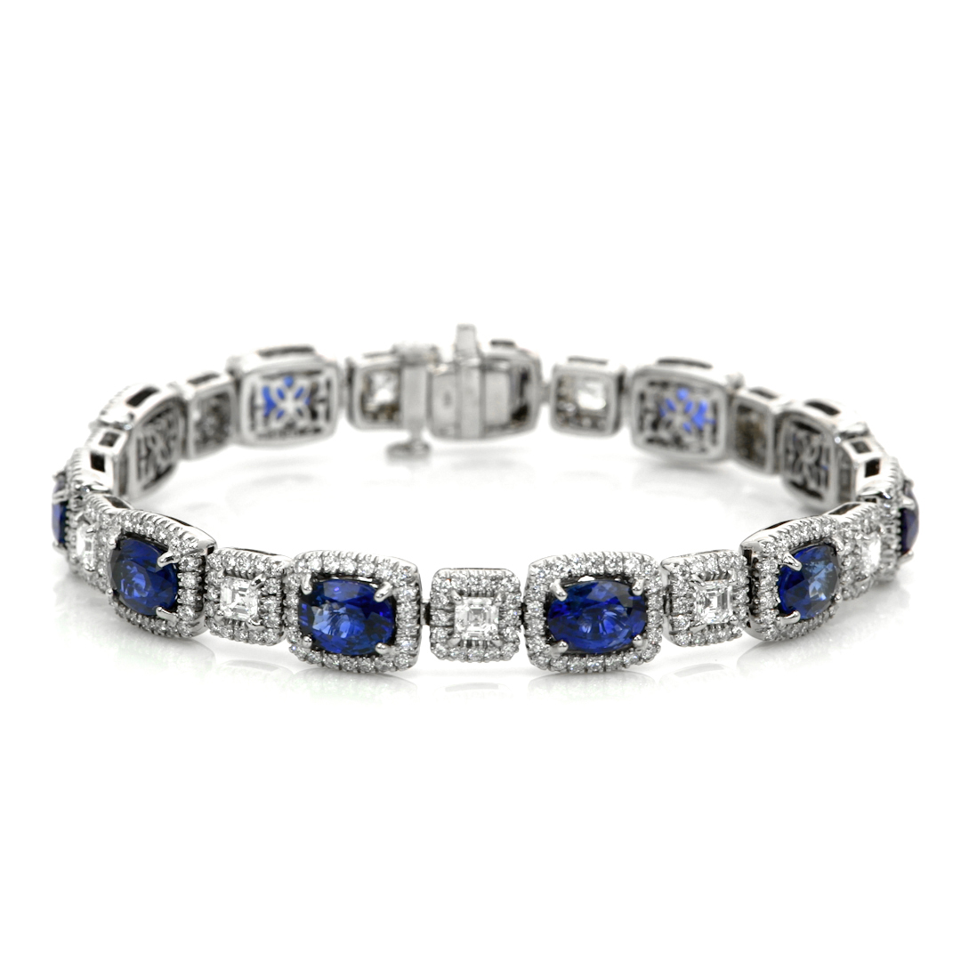 Blue Sapphire and Natural Diamond Pave Bracelet - Oval 12.89 Ct