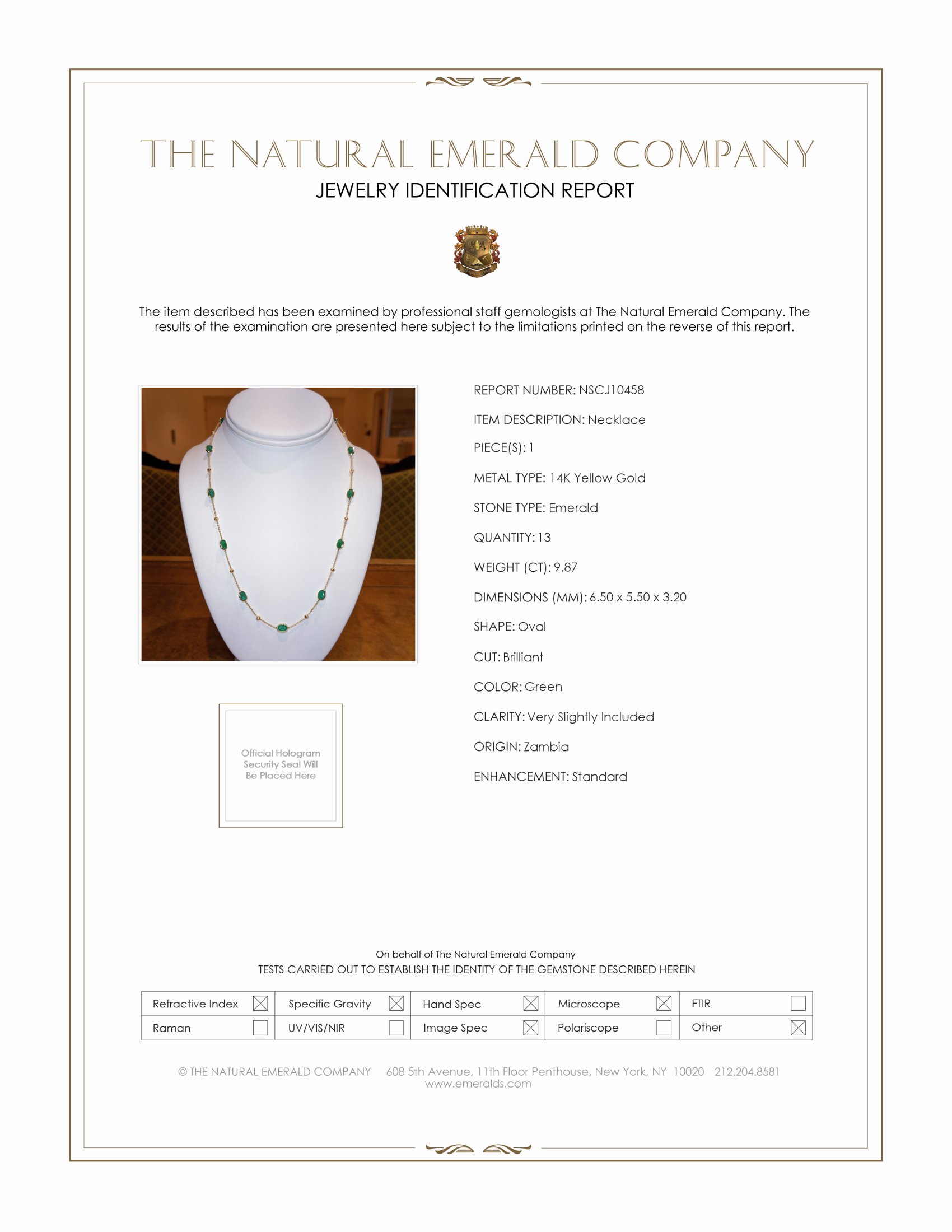9.87 Ct. Emerald Bezel Necklace, 14K Yellow Gold