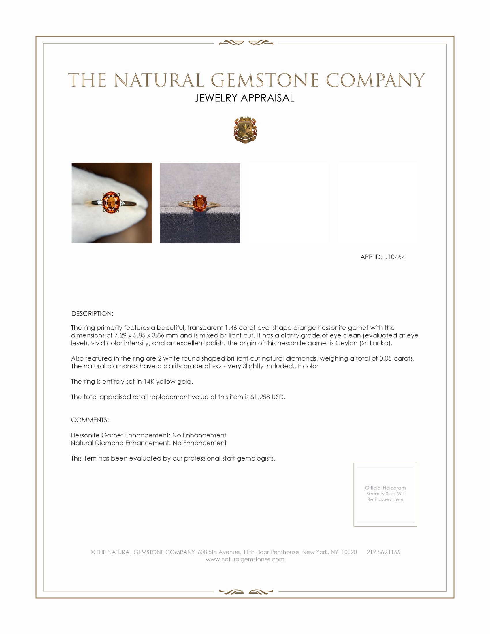 1.46 Ct. Hessonite Garnet Natural Diamond Three Stone Ring, 14K Yellow Gold