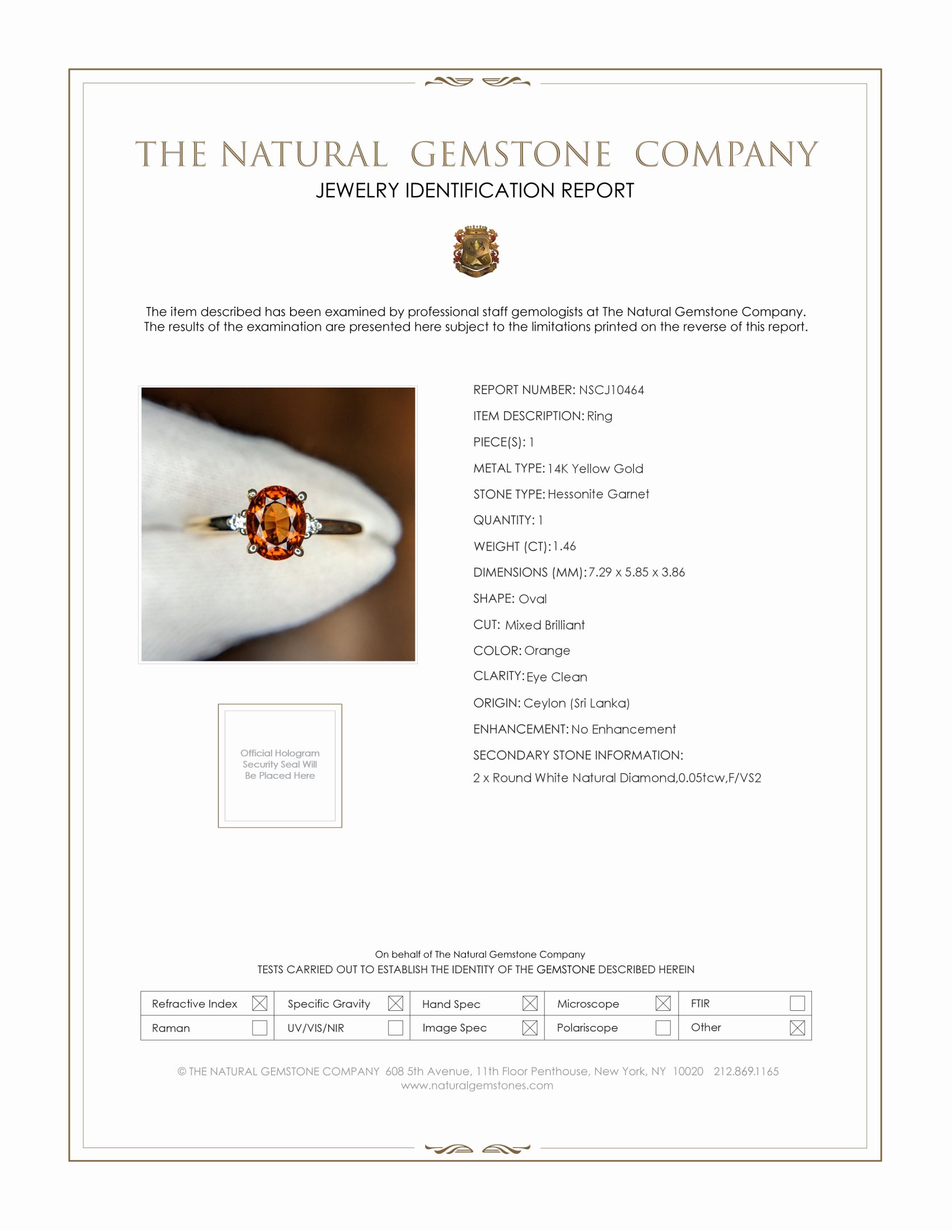 1.46 Ct. Hessonite Garnet Natural Diamond Three Stone Ring, 14K Yellow Gold