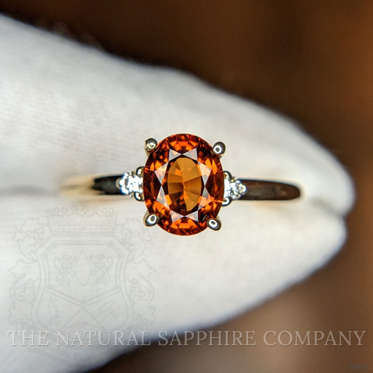 1.46 Ct. Hessonite Garnet Natural Diamond Three Stone Ring, 14K Yellow Gold
