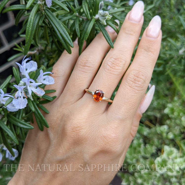 1.46 Ct. Hessonite Garnet Natural Diamond Three Stone Ring, 14K Yellow Gold