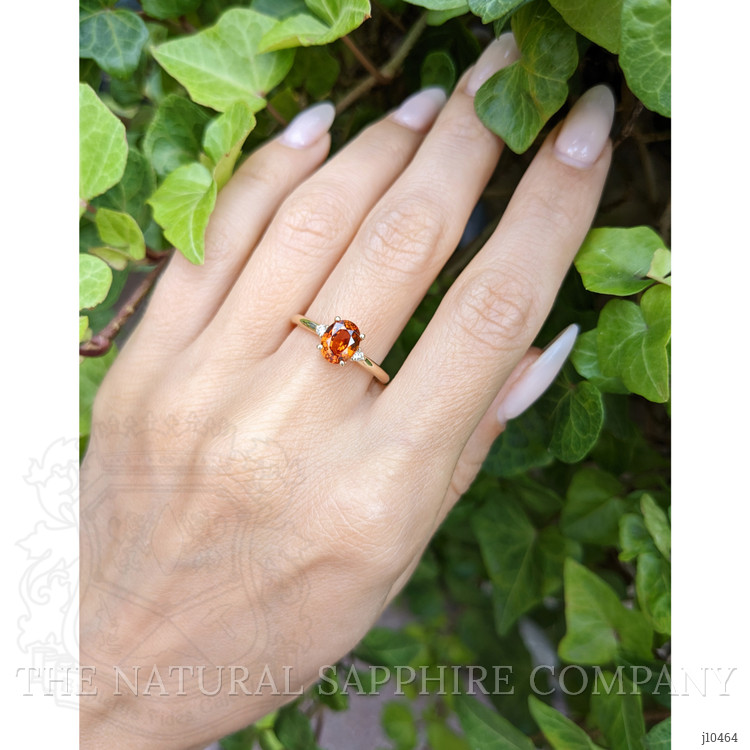 1.46 Ct. Hessonite Garnet Natural Diamond Three Stone Ring, 14K Yellow Gold