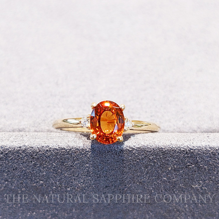 1.46 Ct. Hessonite Garnet Natural Diamond Three Stone Ring, 14K Yellow Gold