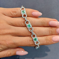1.77 Ct.Tw.Total Carat Weight Emerald and Natural Diamond Pave Bracelet, 18K White Gold Image