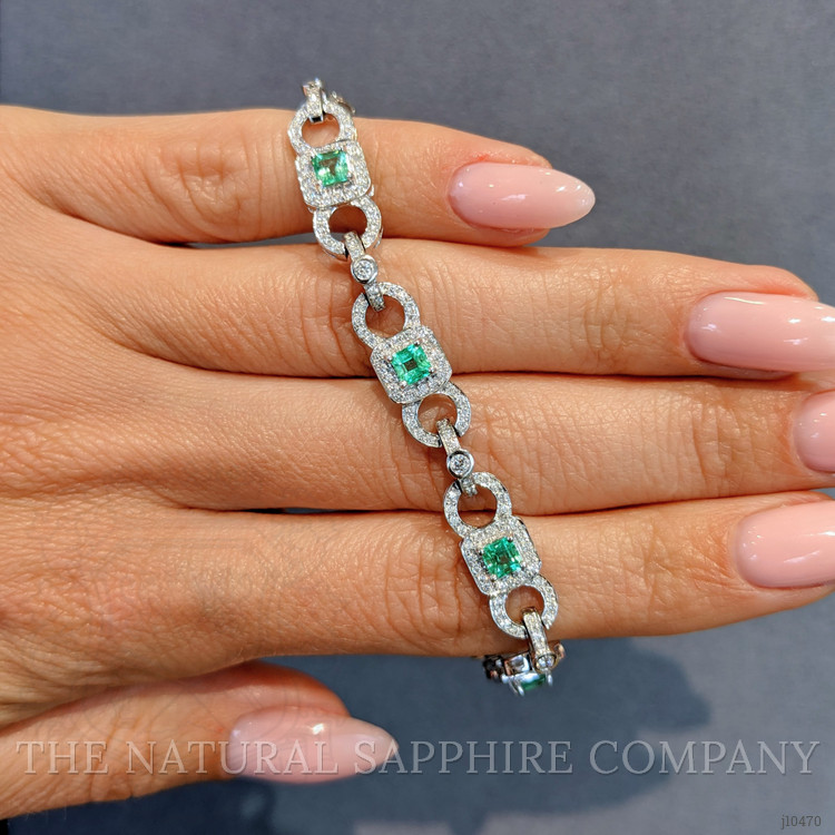 1.77 Ct.Tw. Emerald and Natural Diamond Pave Bracelet, 18K White Gold