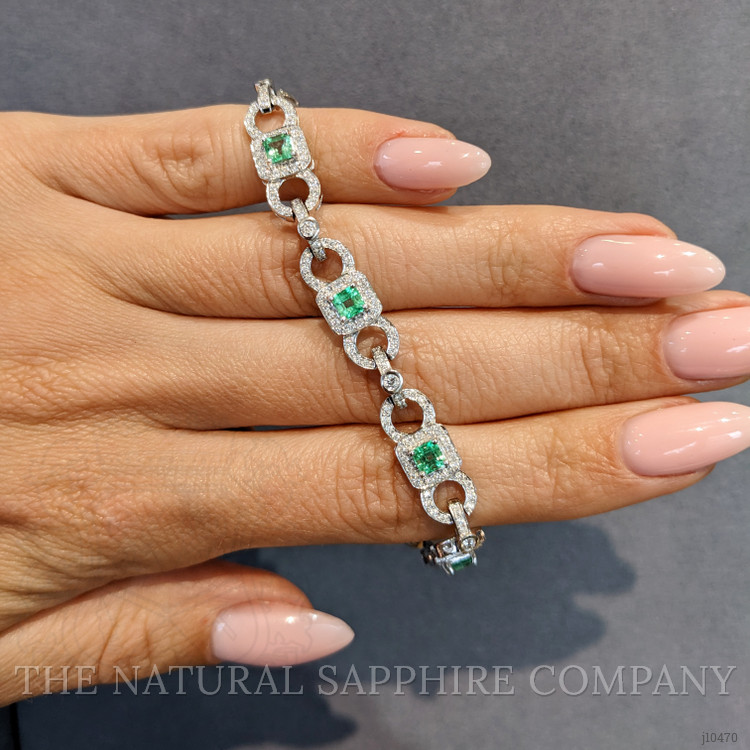 1.77 Ct.Tw. Emerald and Natural Diamond Pave Bracelet, 18K White Gold