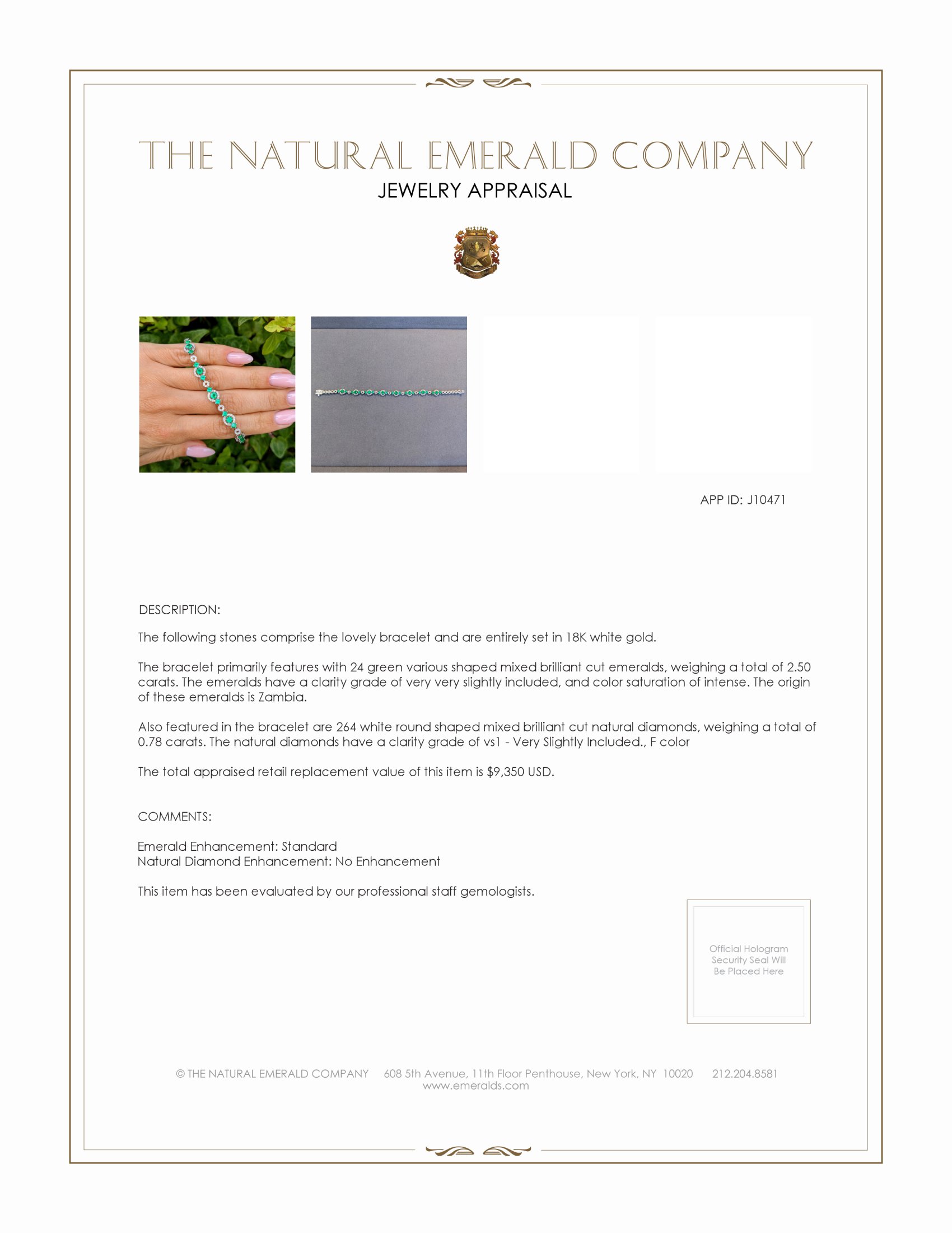 2.50 Ct.Tw. Emerald and Natural Diamond Pave Bracelet, 18K White Gold