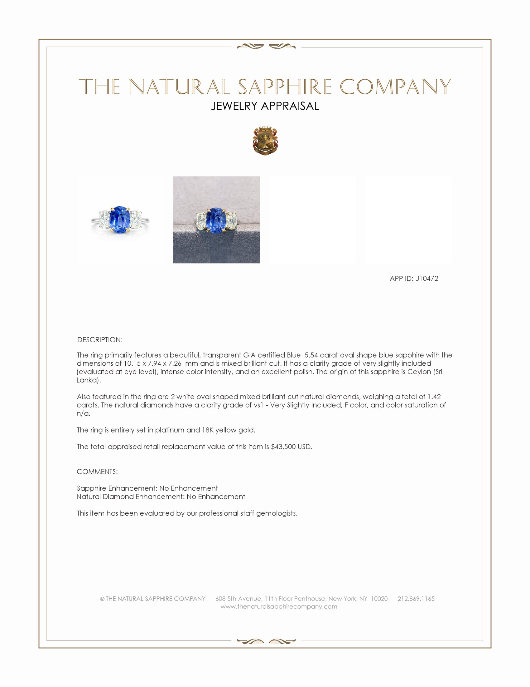 5.54 Ct. Blue Sapphire and Natural Diamond Three Stone Ring, Platinum & 18K Yellow