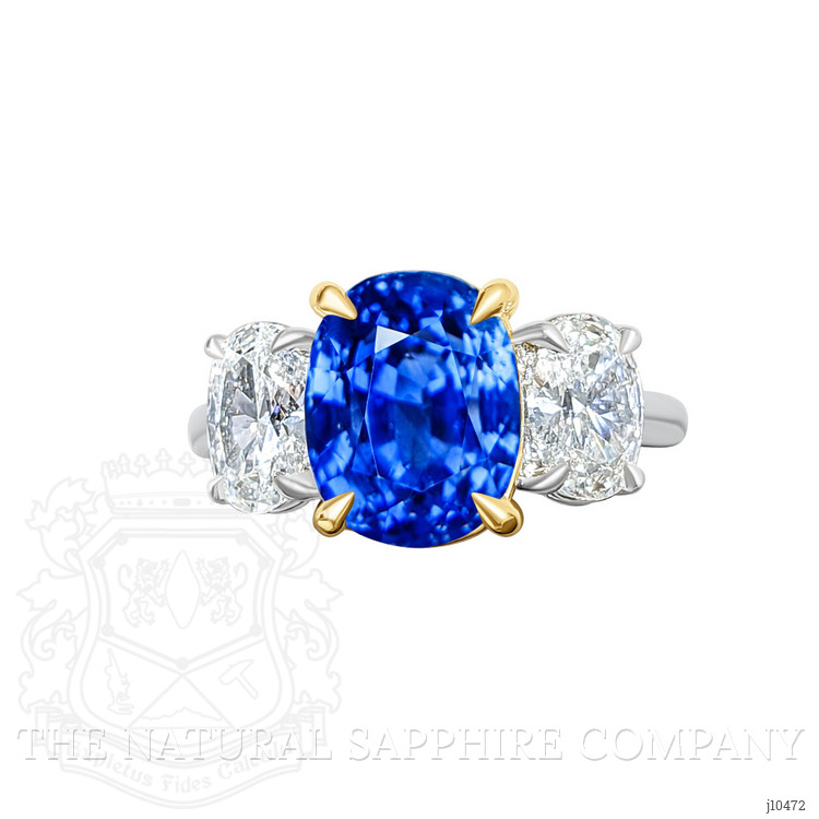 5.54 Ct. Blue Sapphire and Natural Diamond Three Stone Ring, Platinum & 18K Yellow