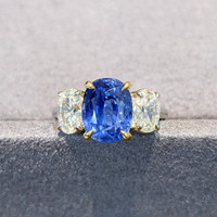 5.54 Ct. Blue Sapphire and Natural Diamond Three Stone Ring, Platinum & 18K Yellow Image