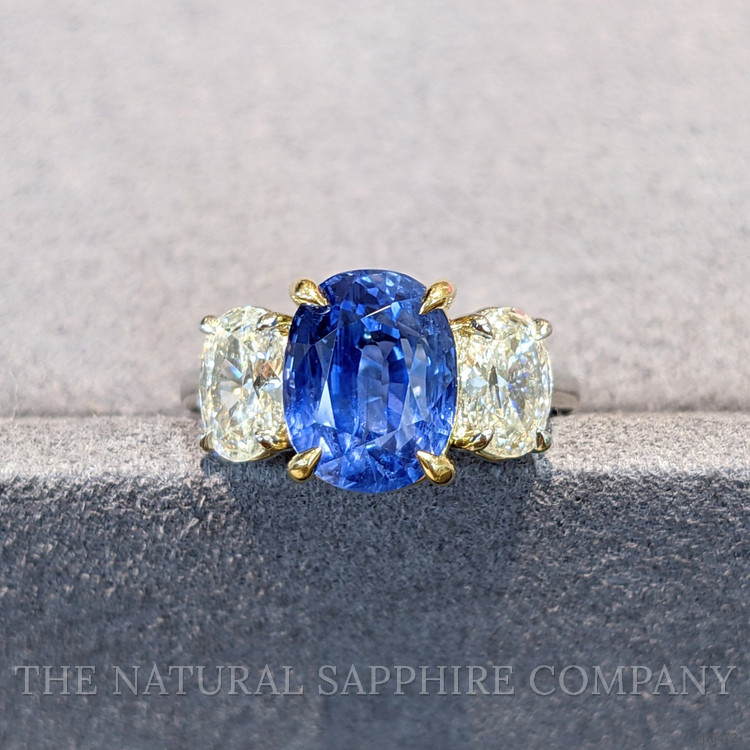 5.54 Ct. Blue Sapphire and Natural Diamond Three Stone Ring, Platinum & 18K Yellow