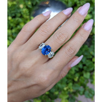 5.54 Ct. Blue Sapphire and Natural Diamond Three Stone Ring, Platinum & 18K Yellow Life Style