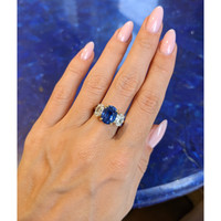 5.54 Ct. Blue Sapphire and Natural Diamond Three Stone Ring, Platinum & 18K Yellow Life Style