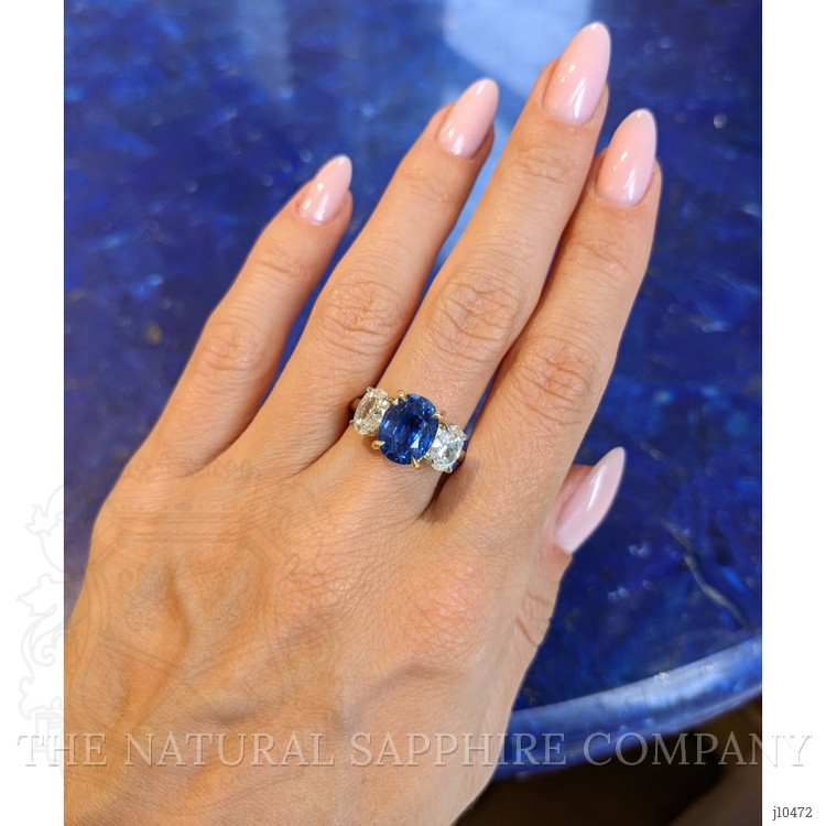 5.54 Ct. Blue Sapphire and Natural Diamond Three Stone Ring, Platinum & 18K Yellow