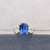 5.54 Ct. Blue Sapphire and Natural Diamond Three Stone Ring, Platinum & 18K Yellow Life Style