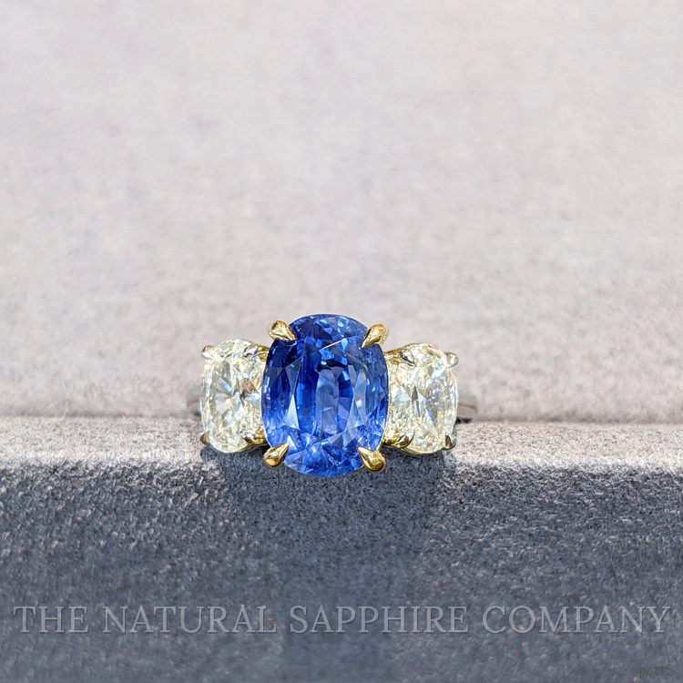 5.54 Ct. Blue Sapphire and Natural Diamond Three Stone Ring, Platinum & 18K Yellow