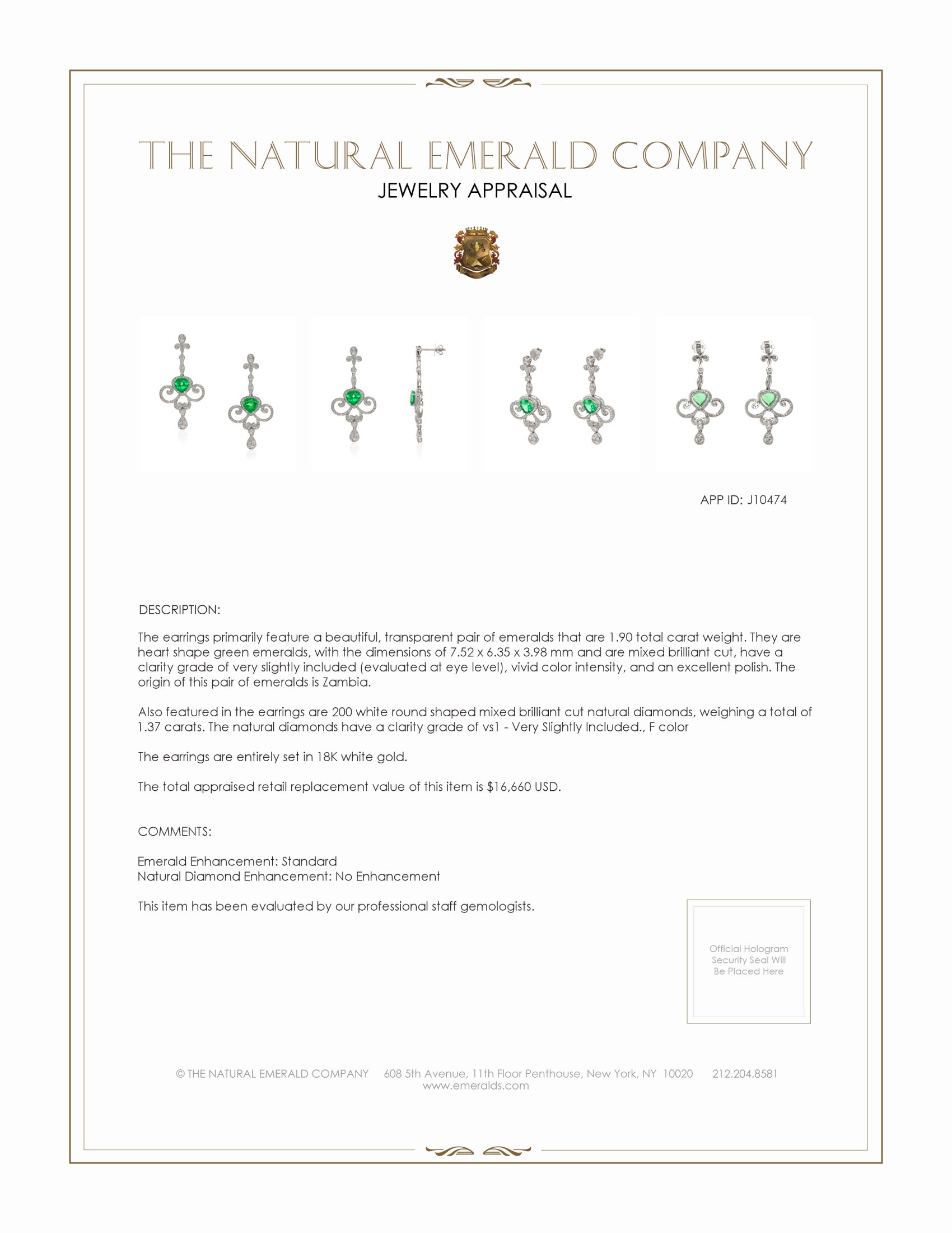 1.90 Ct.Tw. Emerald Natural Diamond Pave Earrings, 18K White Gold