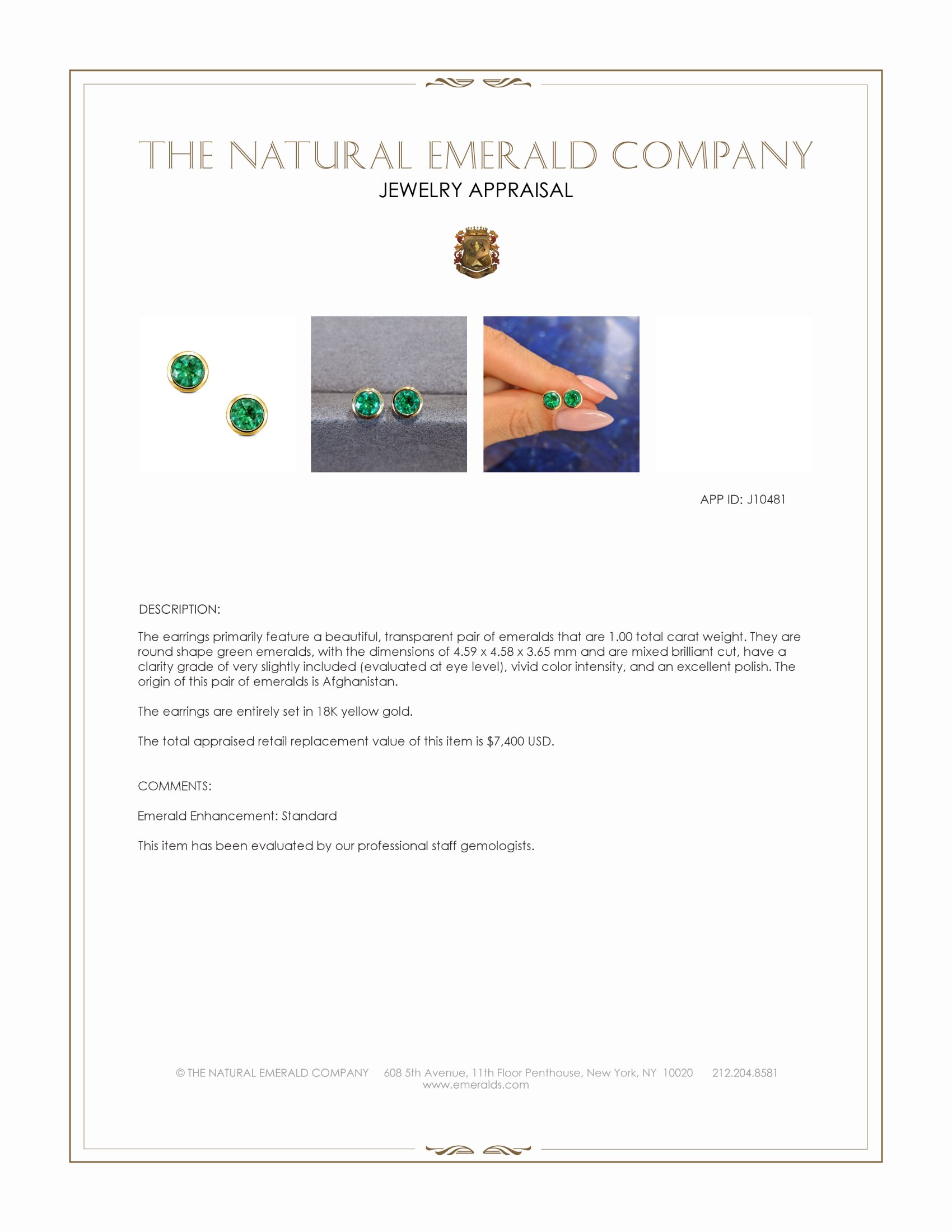 1.00 Ct.Tw. Emerald Studs Earrings, 18K Yellow Gold