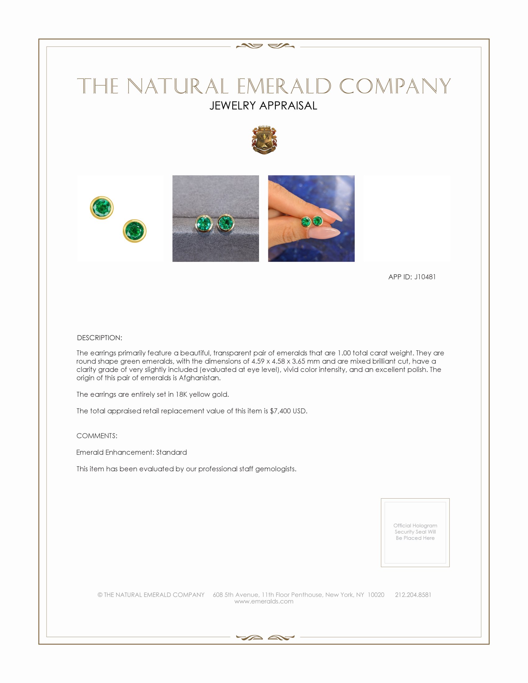1.00 Ct.Tw. Emerald Studs Earrings, 18K Yellow Gold