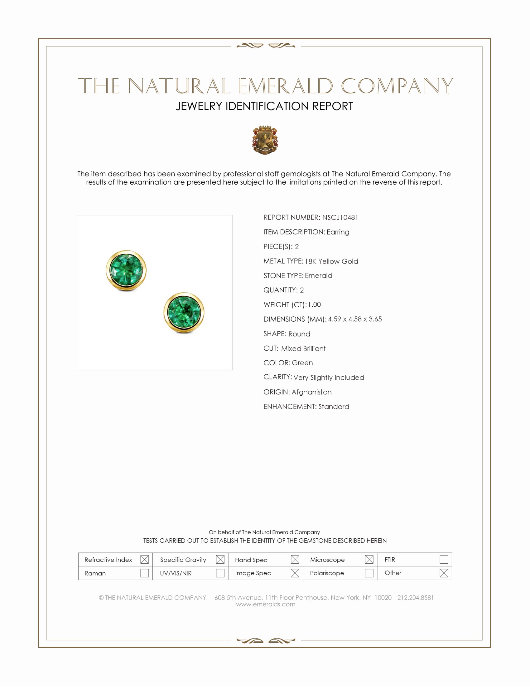 1.00 Ct.Tw. Emerald Studs Earrings, 18K Yellow Gold