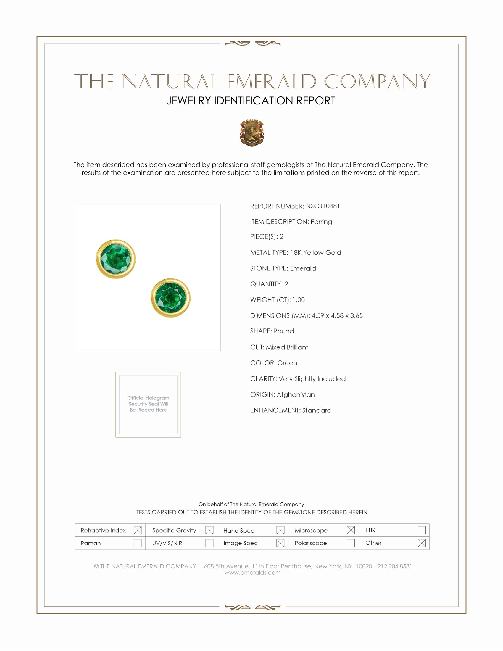 1.00 Ct.Tw. Emerald Studs Earrings, 18K Yellow Gold