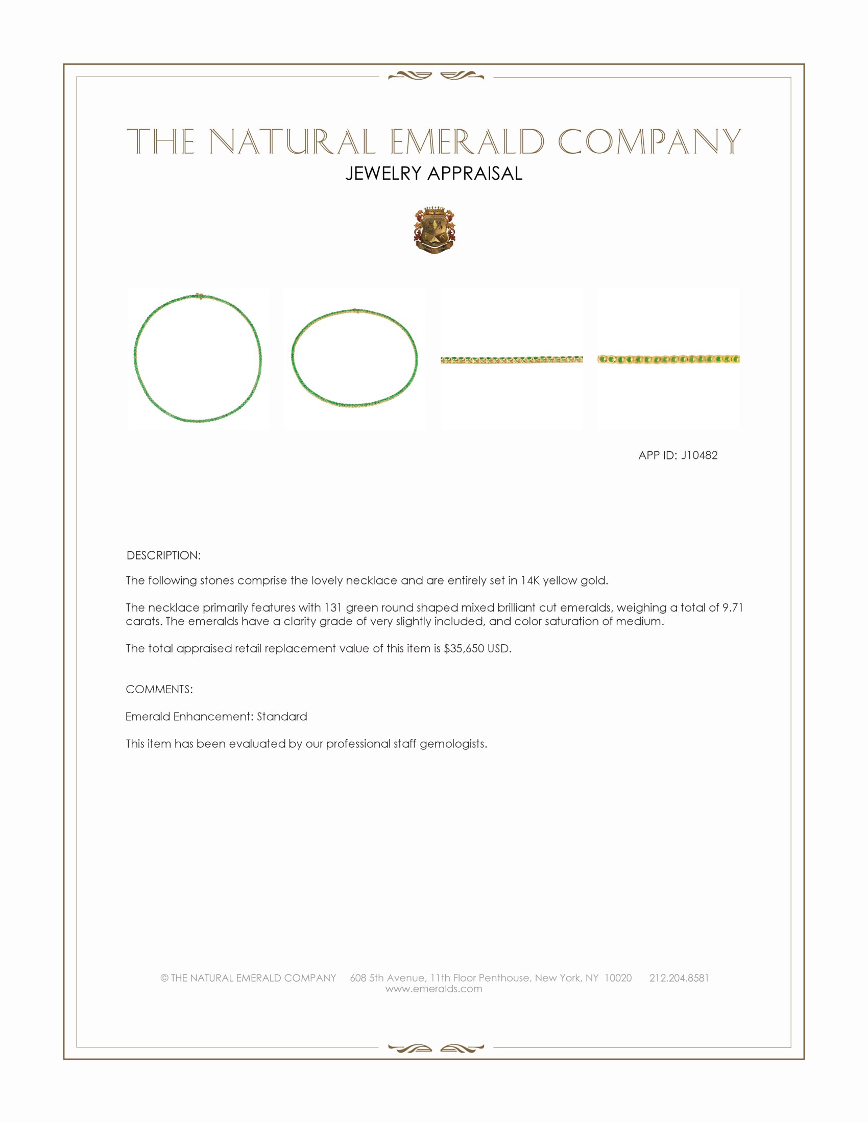 9.71 Ct. Emerald Tennis/Riviere Necklace, 14K Yellow Gold