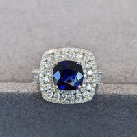 2.59 Ct. Blue Sapphire and Natural Diamond Pave Ring, 18K White Gold Image