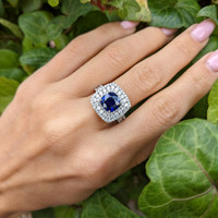 2.59 Ct. Blue Sapphire and Natural Diamond Pave Ring, 18K White Gold Life Style