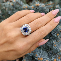 2.59 Ct. Blue Sapphire and Natural Diamond Pave Ring, 18K White Gold Life Style