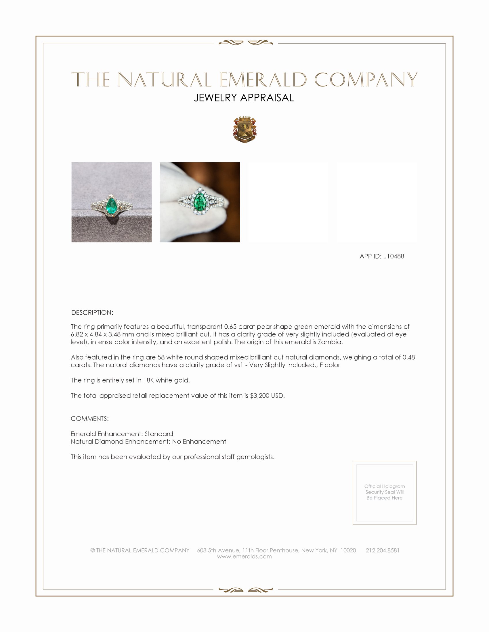 0.65 Ct. Emerald and Natural Diamond Pave Ring, 18K White Gold