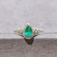 0.65 Ct. Emerald and Natural Diamond Pave Ring, 18K White Gold Image