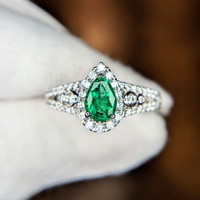0.65 Ct. Emerald Natural Diamond Pave Ring, 18K White Gold Image