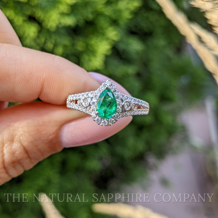 0.65 Ct. Emerald Natural Diamond Pave Ring, 18K White Gold