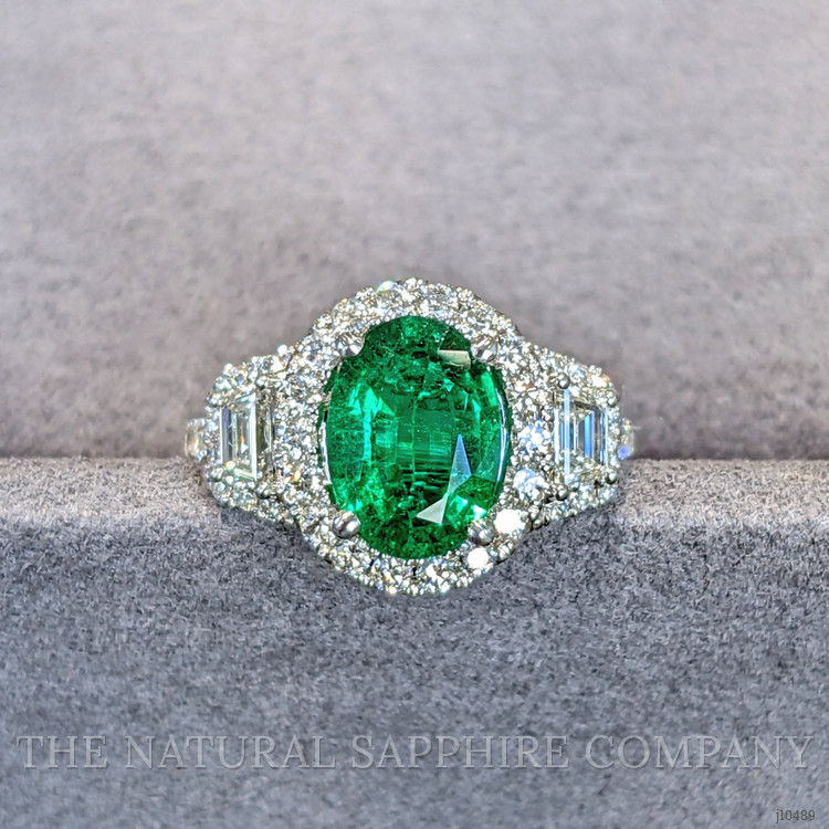 1.59 Ct. Emerald Natural Diamond Three Stone Ring, 18K White Gold