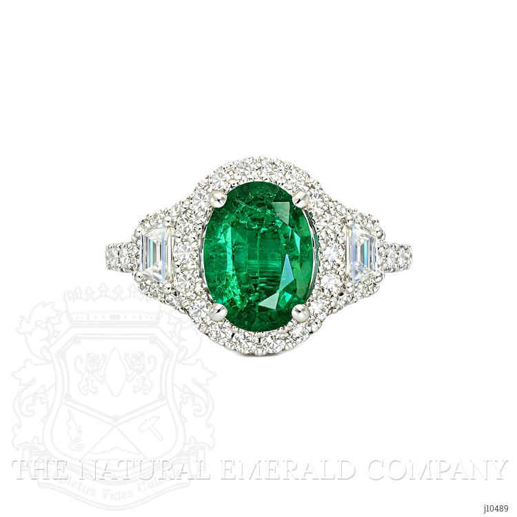 1.59 Ct. Emerald and Natural Diamond Three Stone Ring, 18K White Gold